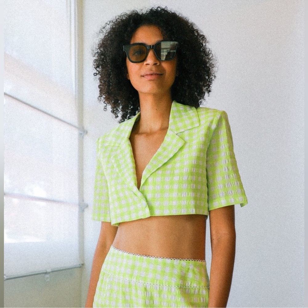 NWT For Love And Lemons Maureen Gingham Lime Checkered Blazer cropped size XS